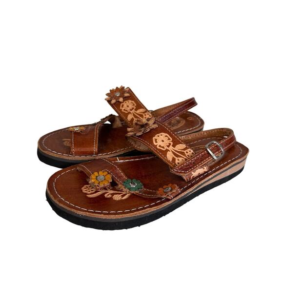 Artisanries D'Mitzy Huaraches Sandals Kids US Sz 0 Brown Leather Embossed Floral - Picture 4 of 8